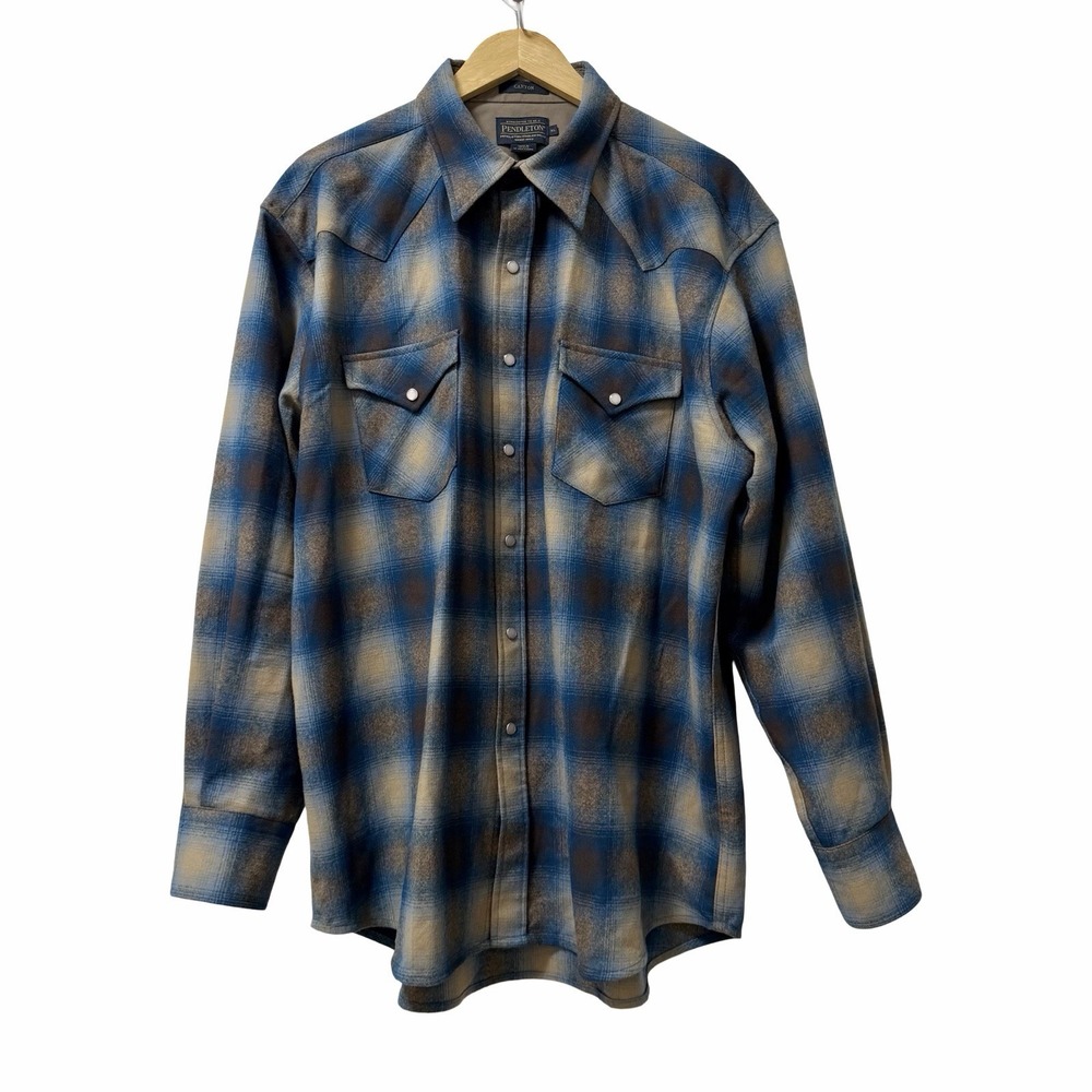 Pendleton Mens Wool Canyon Flannel Button Up Shirt Size XL Blue Plaid Pearl Snap